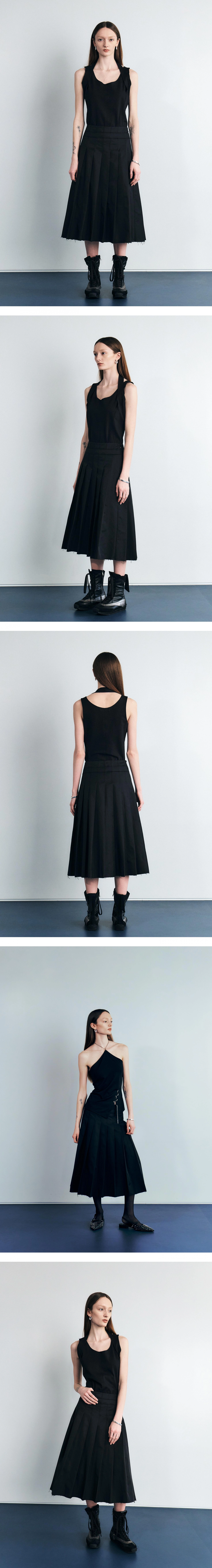 RAW CUT COTTON NYLON PLEATS LONG SKIRT (BLACK)