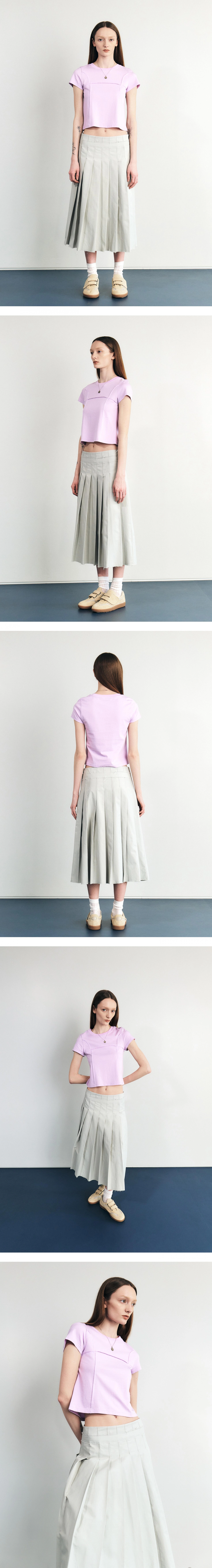 RAW CUT COTTON NYLON PLEATS LONG SKIRT (PALE GREY)