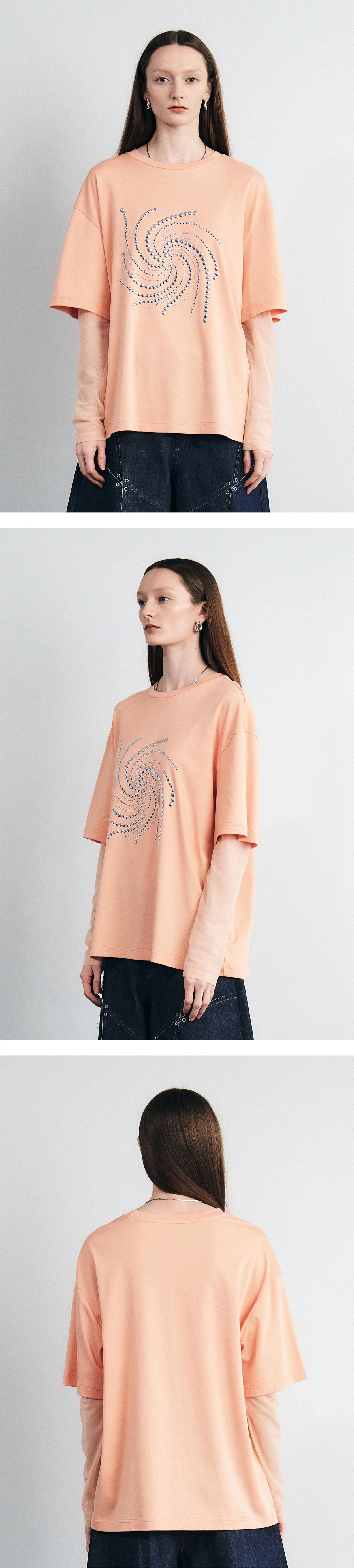 STUD MESH LAYERED LONG SLEEVE TOP (PALE CORAL)