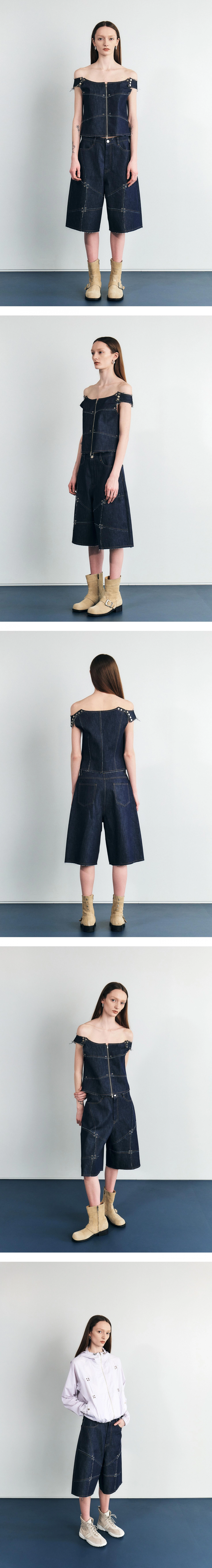 SIGNATURE RAW CUT EYELET HALF DENIM PANTS (INDIGO)