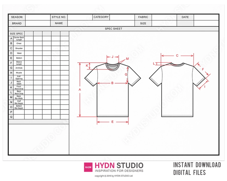 T-Shirt Flat Sketch + Size Spec Template (AI, PDF) : HYDNSTUDIO