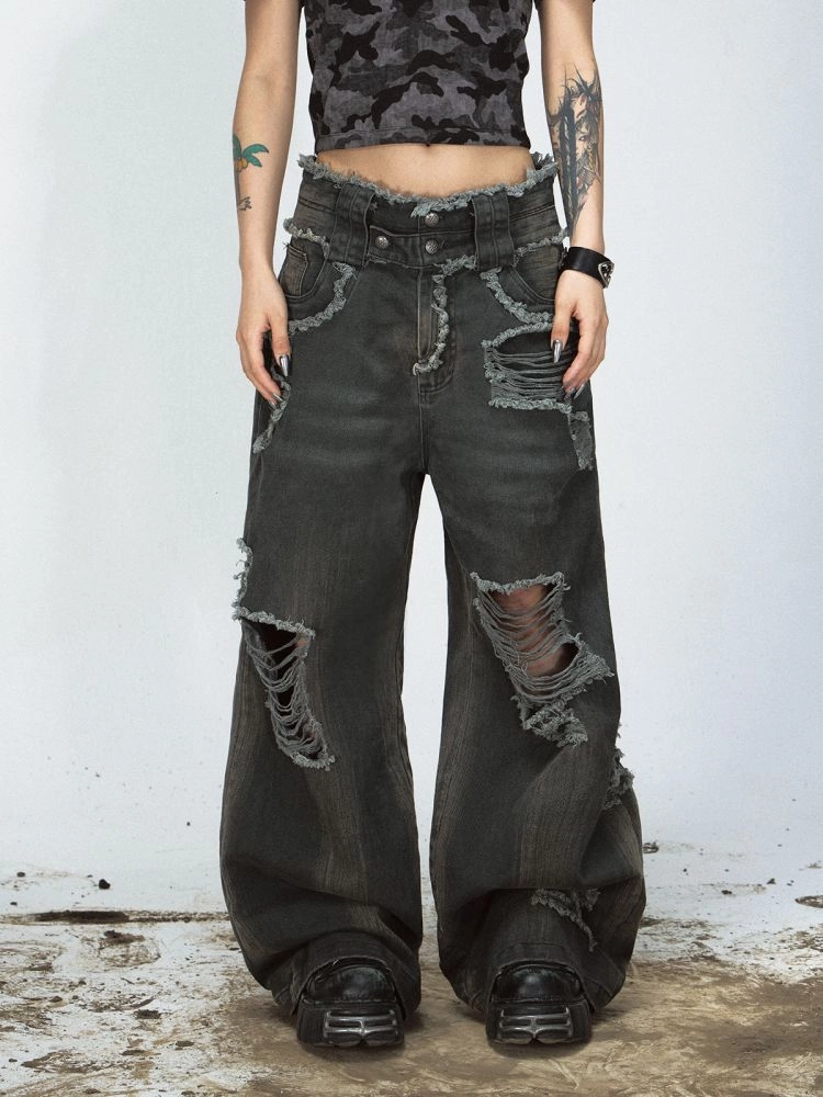Destroyed raw edge washed ripped jeans : 커프 cuf