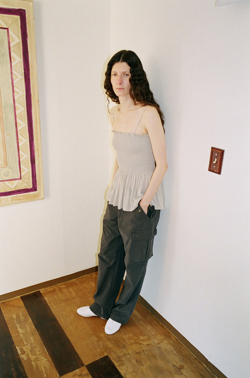 Draped Shirred Sleeveless (Light Gray / Brown) : MONOHA