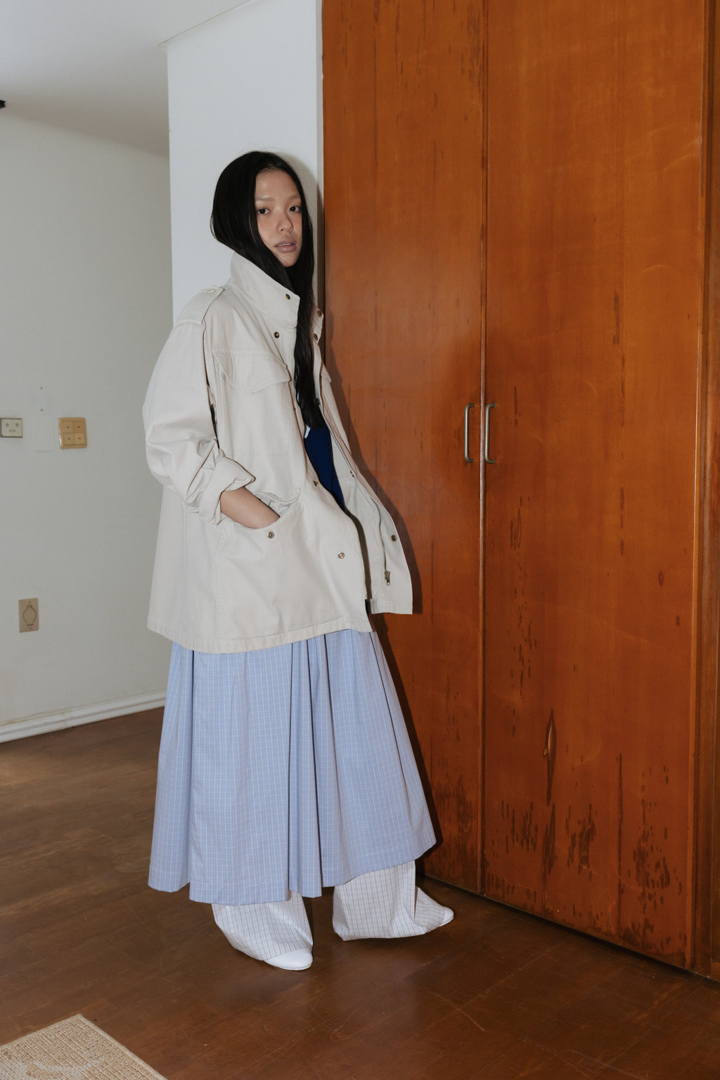 Check Shirring Skirt (Light Blue / Navy Blue) : MONOHA