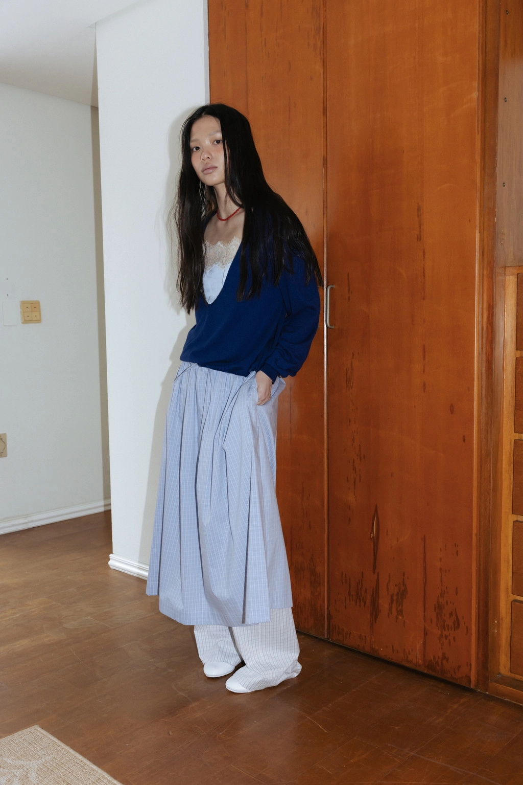 Check Shirring Skirt (Light Blue / Navy Blue) : MONOHA