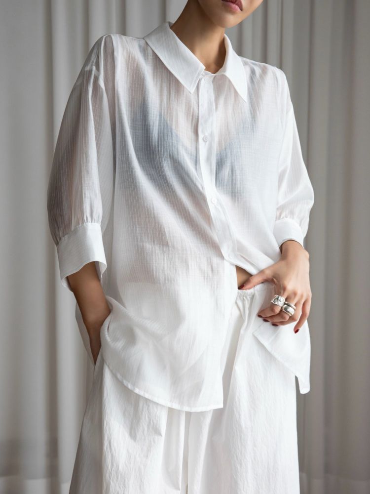 PAPER MOON) SOFT SHEER STRIPE HALF SHIRT : WHITE : wink. - Global