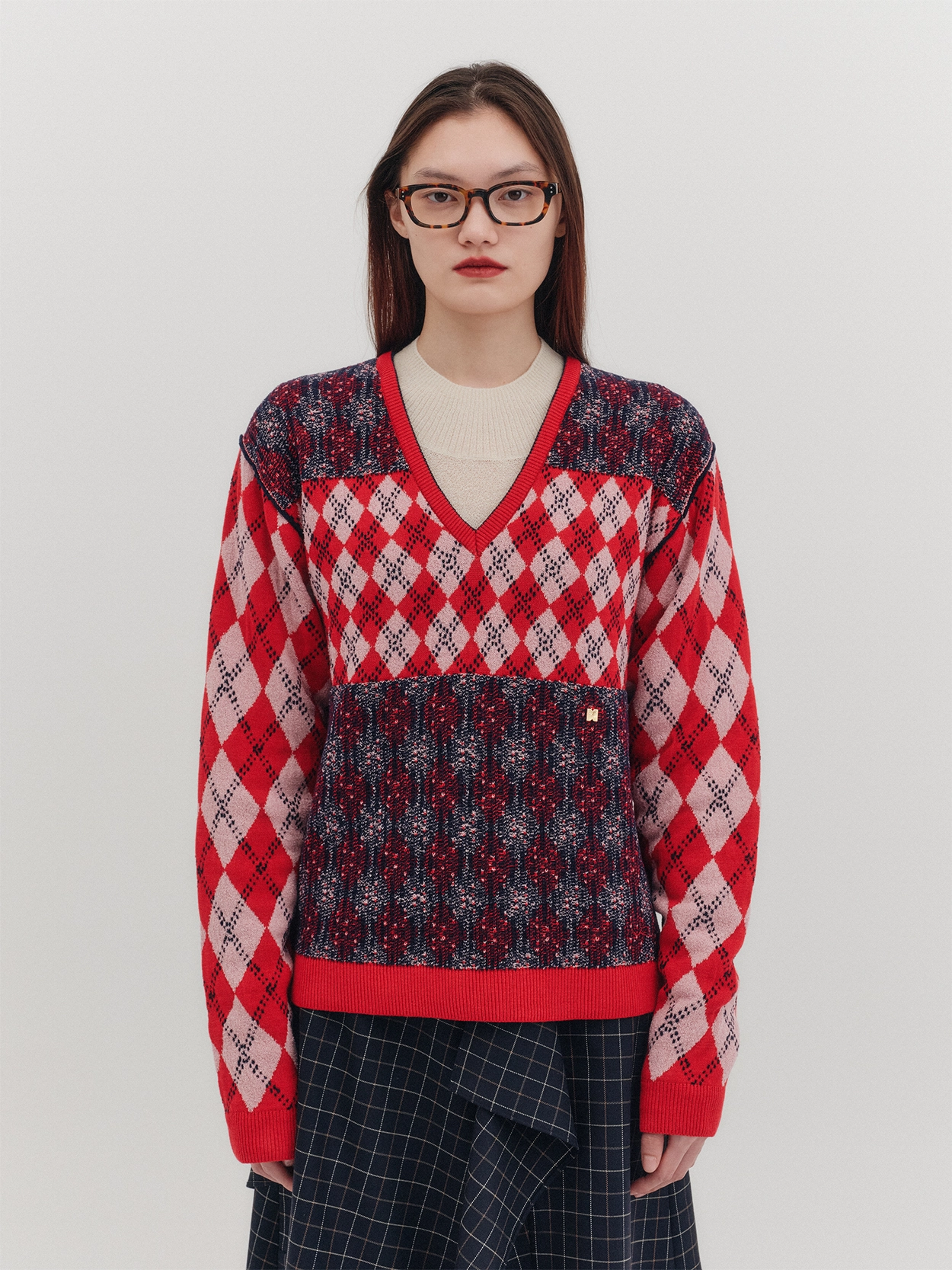 [EENK] / ☆ Contrast Knit Top / Red Jacquard Knit Top - Red : EENK SHOP