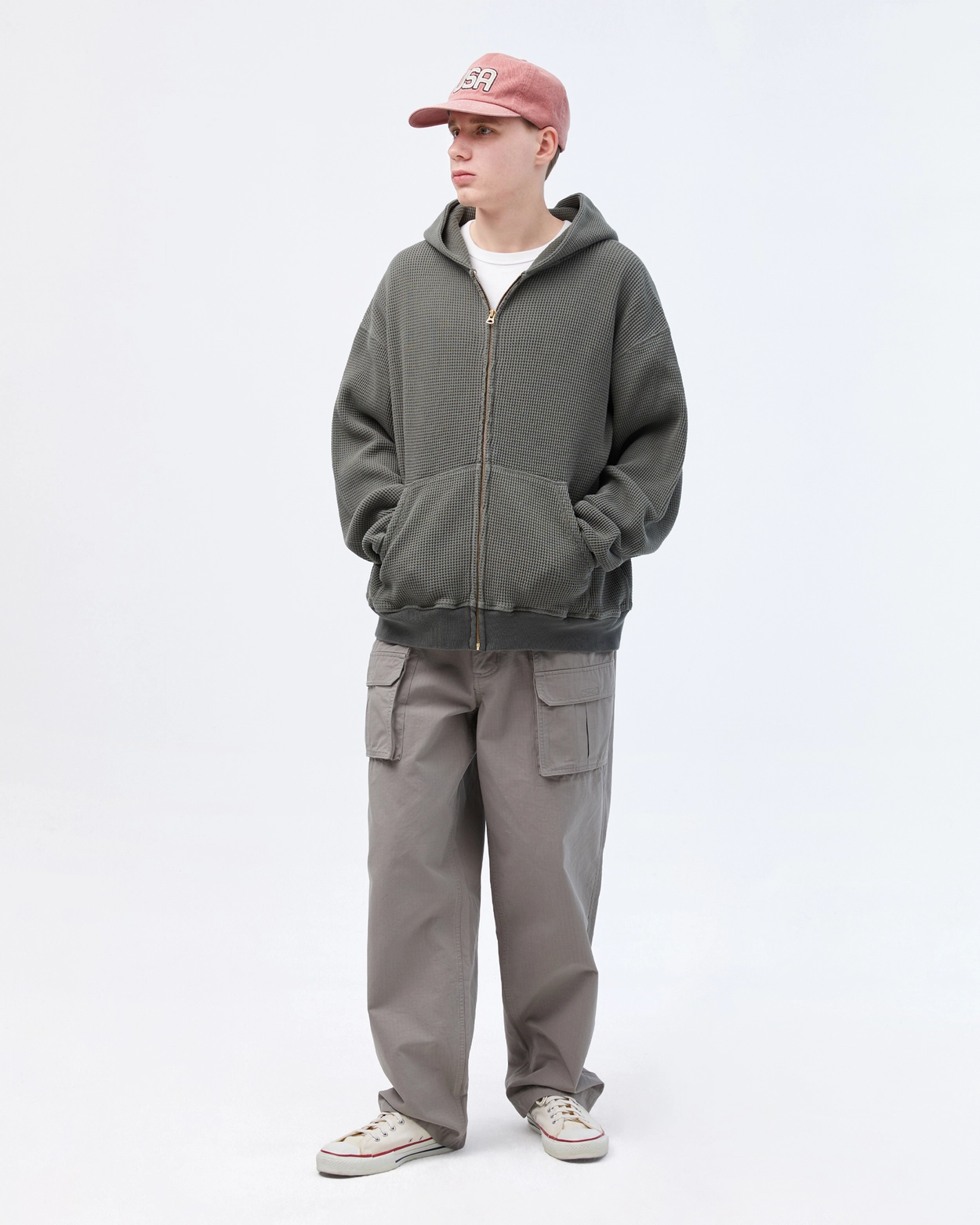 KHAKIS 24SS / FADED WAFFLE FULL ZIP HOODIE / OLIVE : 굿스포츠 