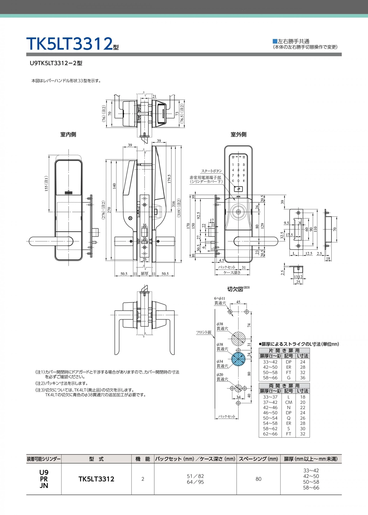 楽天市場】MIWA 美和ロック TK5LT3312-2 2型 扉厚33mm-41mm 自動