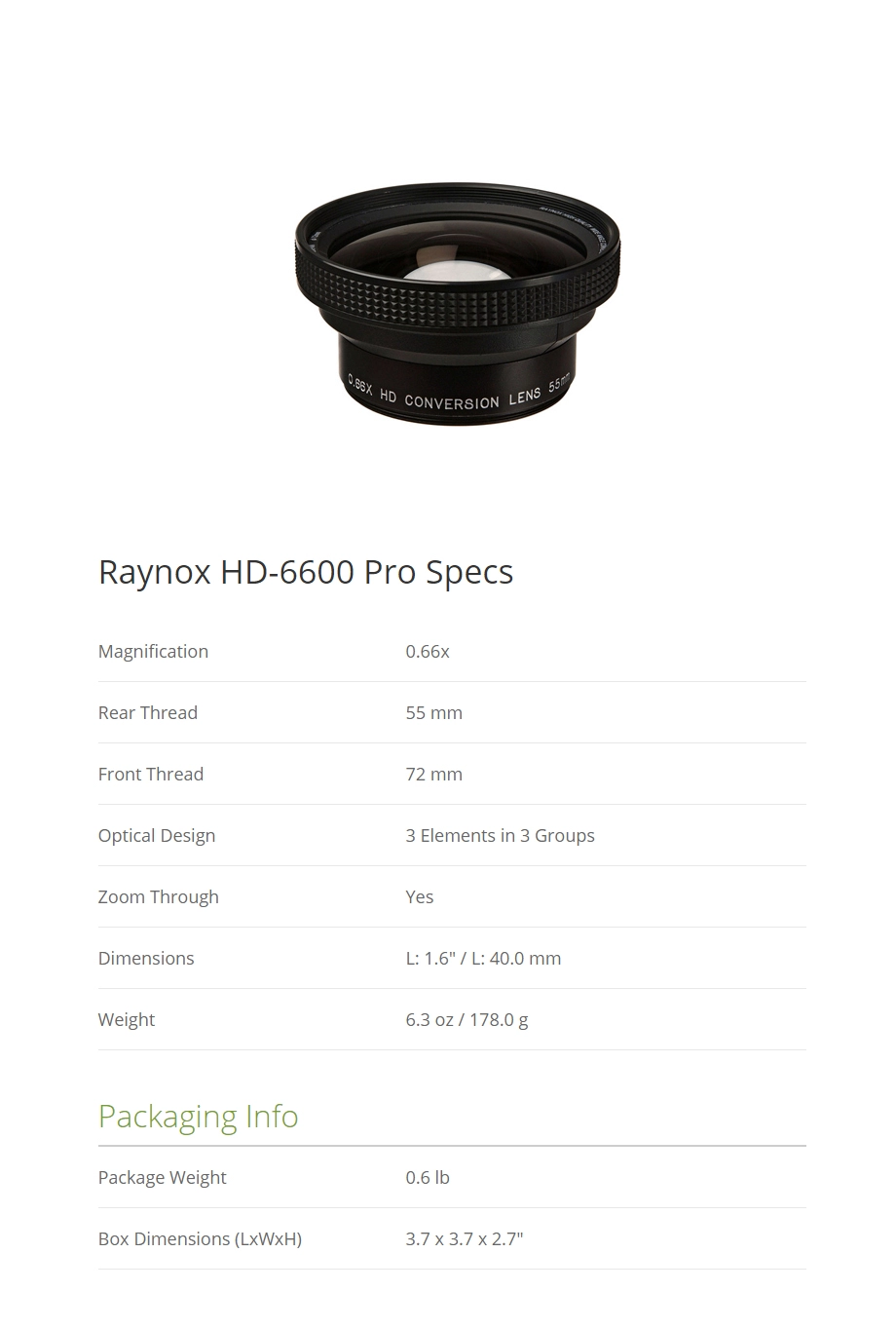 Raynox 레이녹스 HD-6600 Pro 55mm 0.66x 광각 렌즈 : 포비디지털