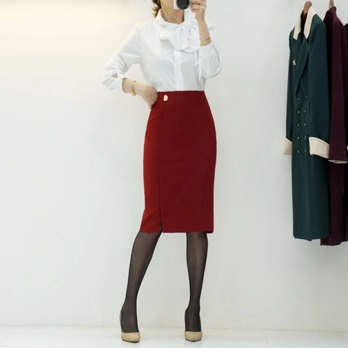 하객룩 골드버튼 H라인 미디 스커트