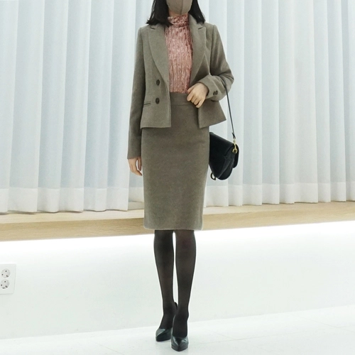 울 모직 H라인 정장 치마 하이웨스트 미디 슬릿 스커트 출근룩 코디