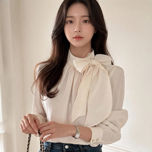 하이넥 리본 타이 블라우스 오피스 하객룩 쉬폰 브라우스