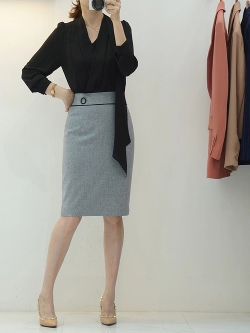 오피스룩 링 포인트 H라인 미디 스커트 (55-77 size, 2color)