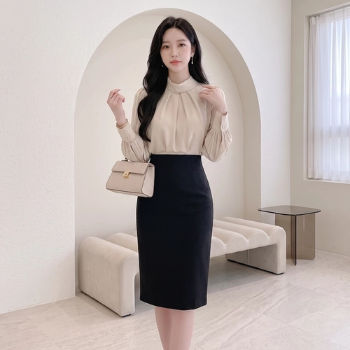 심플 깔끔 하이웨스트 H라인 미디 스커트 봄 가을 스판 정장 치마 면접룩 77가능
