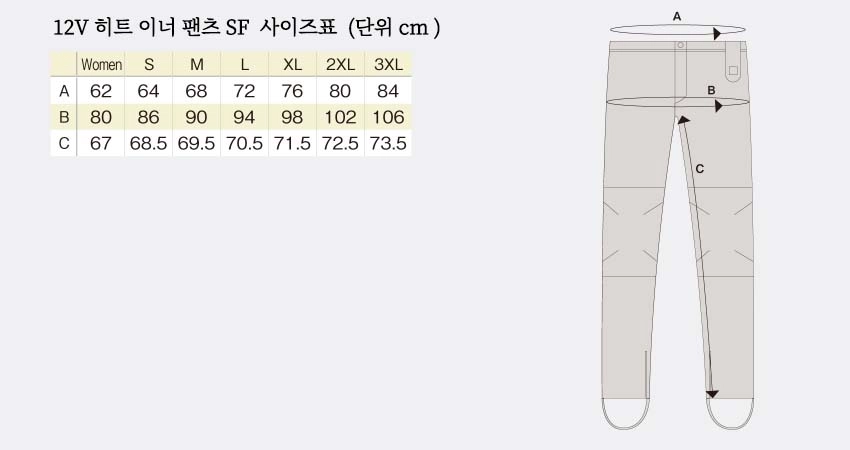 히트마스터 LT 12V 열선 이너 팬츠 사이즈표