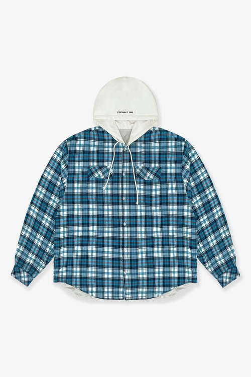 REVERSIBLE HOODED CHECK SHIRT - BLUE GREEN / BEIGE : PROJECT G/R