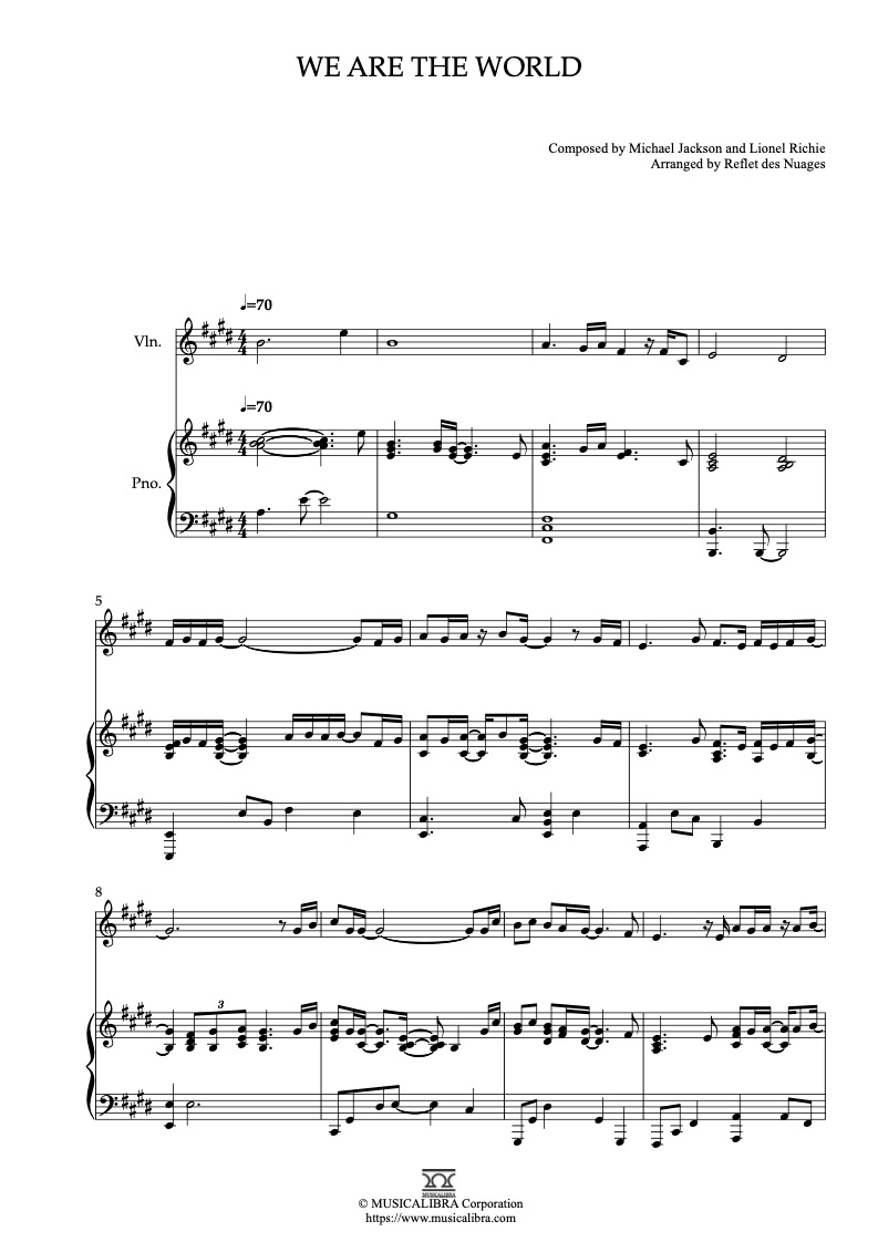 DUET 악보] We Are the World 편곡 악보 - 바이올린, 피아노 실내악 앙상블 : MUSICALIBRA KOREA