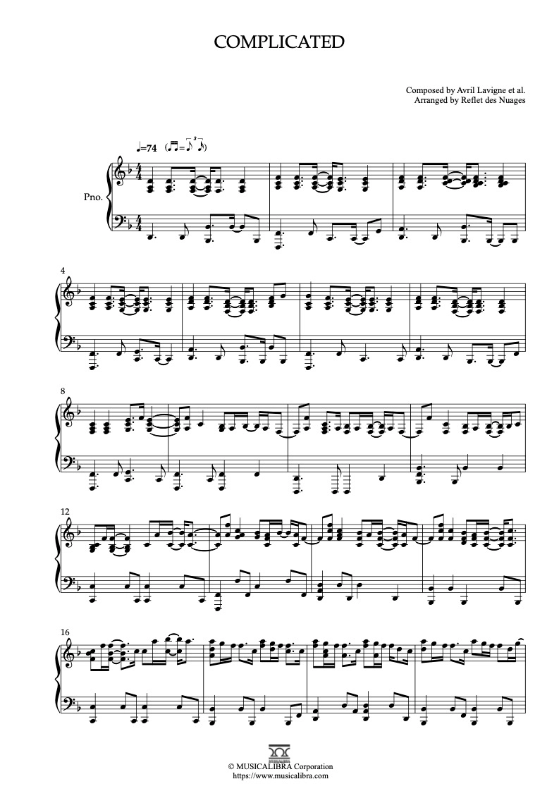 PIANO SOLO 楽譜] Complicated ピアノ 編曲 楽譜 : MUSICALIBRA JAPAN