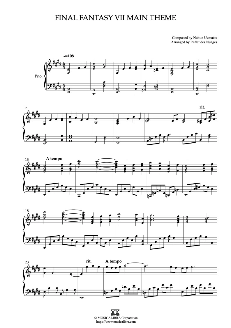 DUET SHEET MUSIC] Final Fantasy VII Main Theme - Violin and Piano
