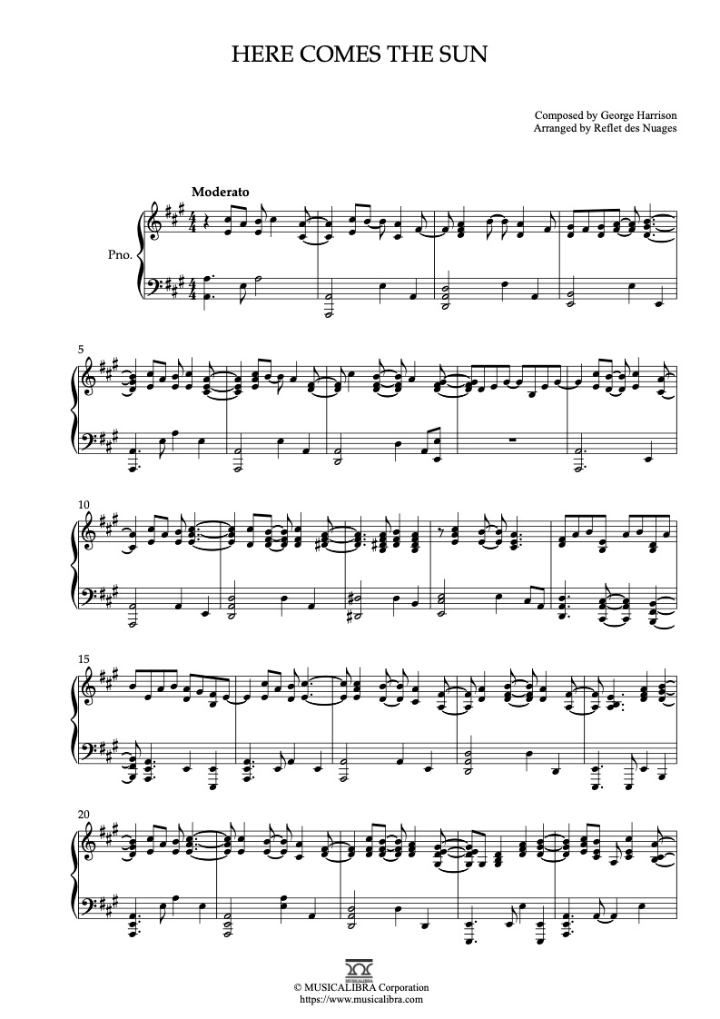 PIANO SOLO 楽譜] Here Comes the Sun ピアノ 編曲 楽譜 : MUSICALIBRA