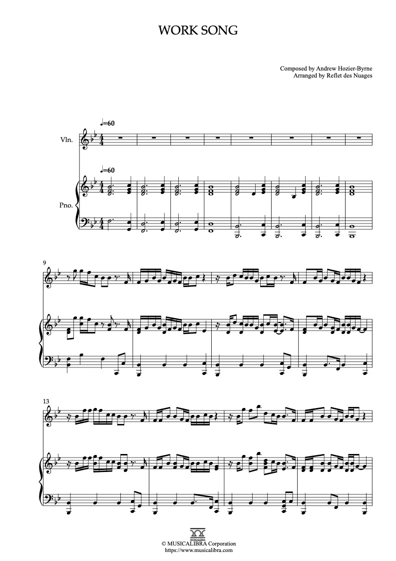 DUET SHEET MUSIC] Work Song(Hozier) - Violin and Piano Chamber