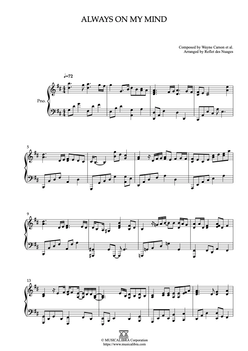 PIANO SOLO 楽譜] Always on My Mind ピアノ 編曲 楽譜 : MUSICALIBRA