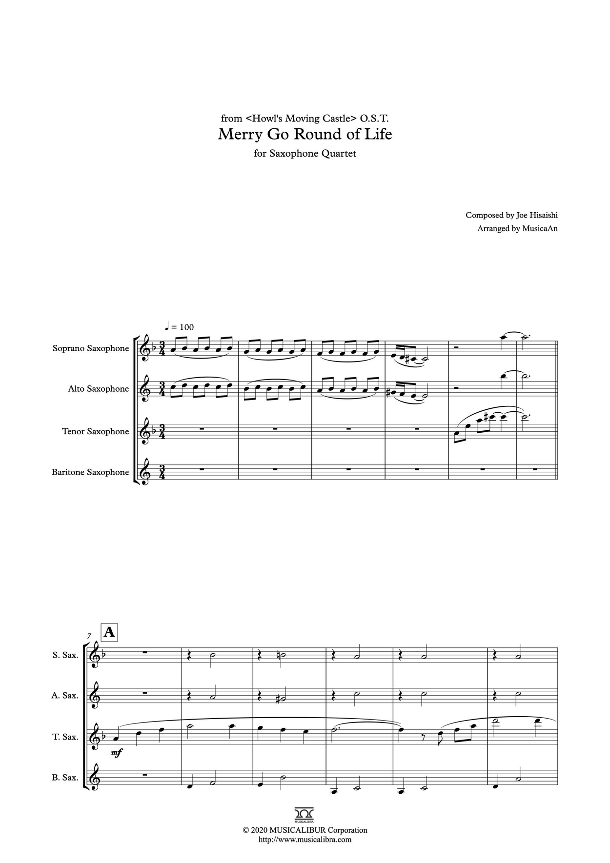 QUARTET SHEET MUSIC] Merry-Go-Round of Life for Saxophone : Musicalibra