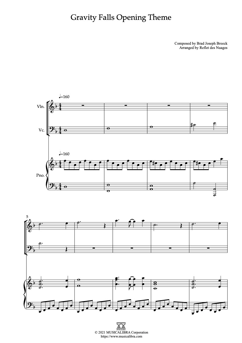 TRIO SHEET MUSIC] Gravity Falls Opening Theme - Violin, Cello and Piano  Chamber Ensemble : Musicalibra