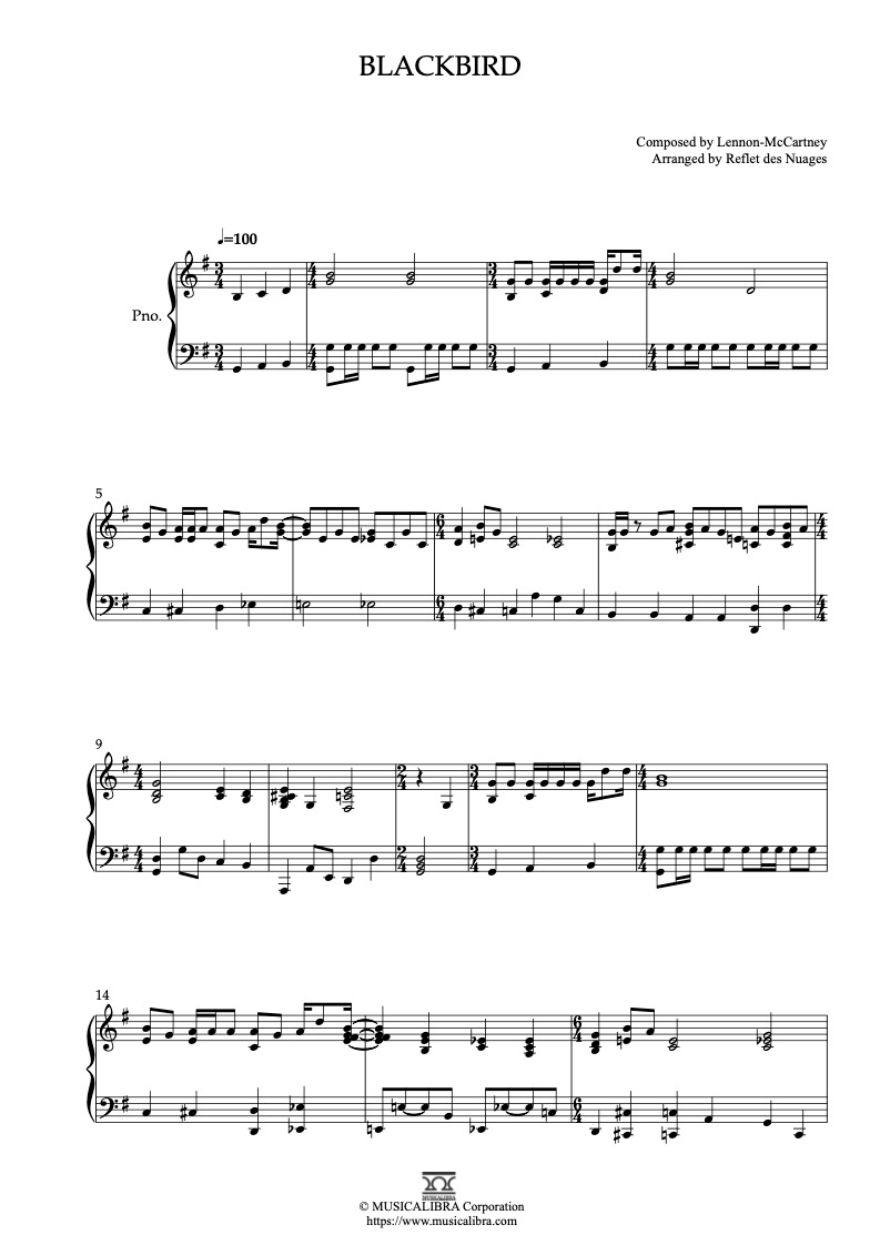 PIANO SOLO 楽譜] Blackbird ピアノ 編曲 楽譜 : MUSICALIBRA JAPAN
