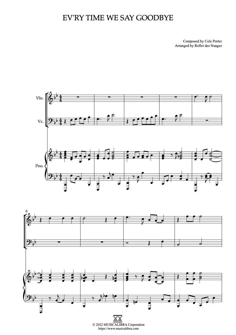 TRIO 楽譜] Ev'ry Time We Say Goodbye - ヴァイオリン、チェロ