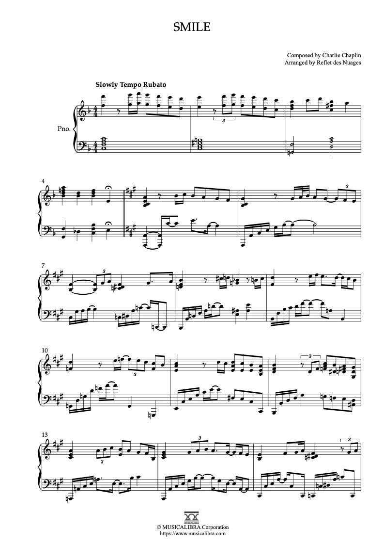 PIANO SOLO 楽譜] Smile ピアノ 編曲 楽譜 : Musicalibra Japan