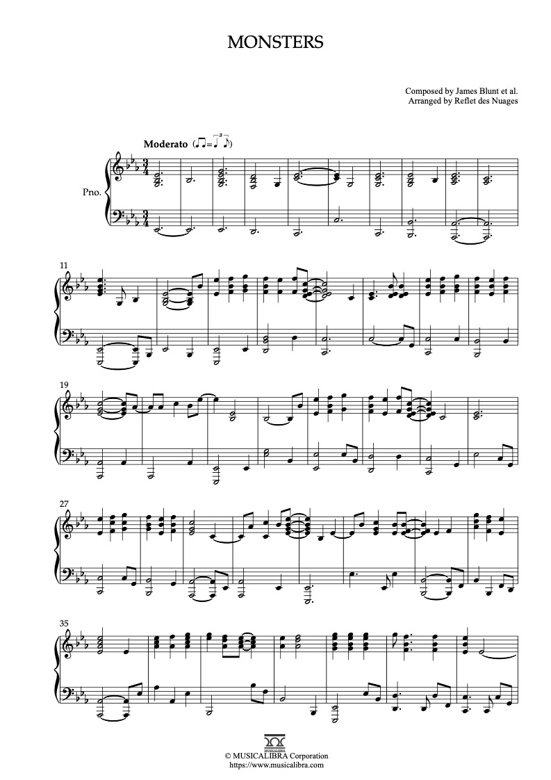 PIANO SOLO SHEET MUSIC] Monsters(James Blunt) : MUSICALIBRA