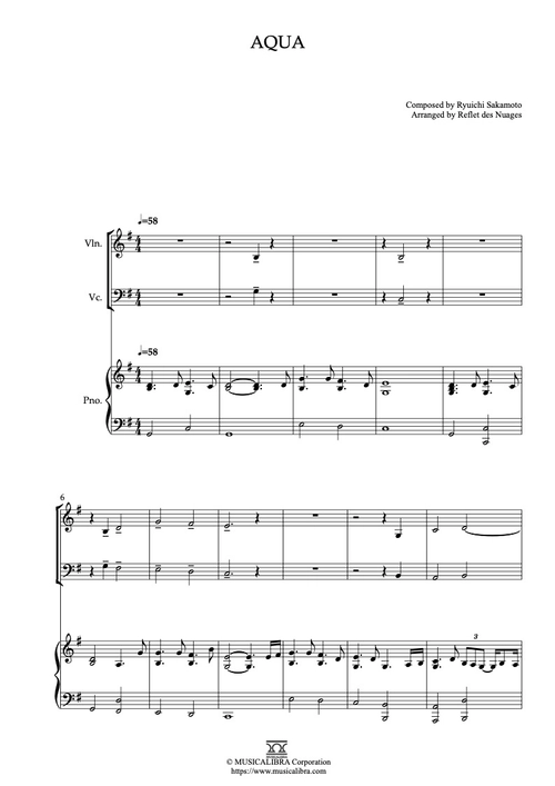 TRIO SHEET MUSIC] Aqua(Ryuichi Sakamoto) - Violin, Cello and Piano 