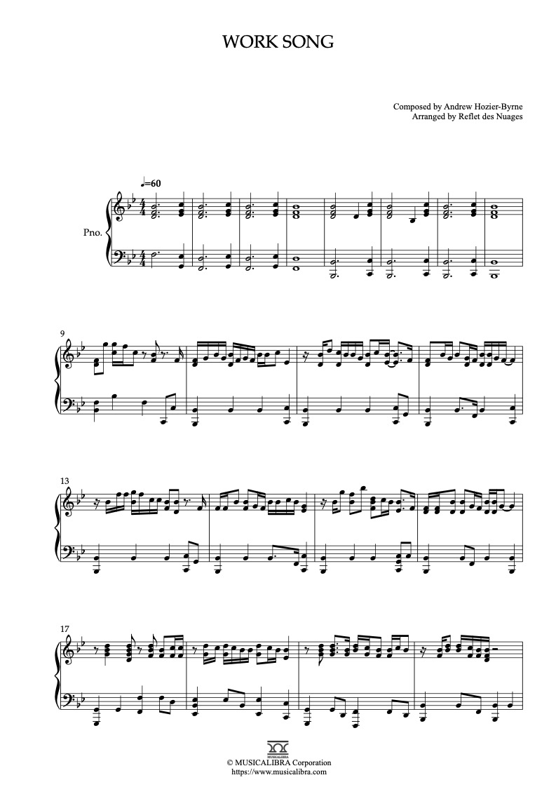 PIANO SOLO 楽譜] Work Song(Hozier) ピアノ 編曲 楽譜 : MUSICALIBRA