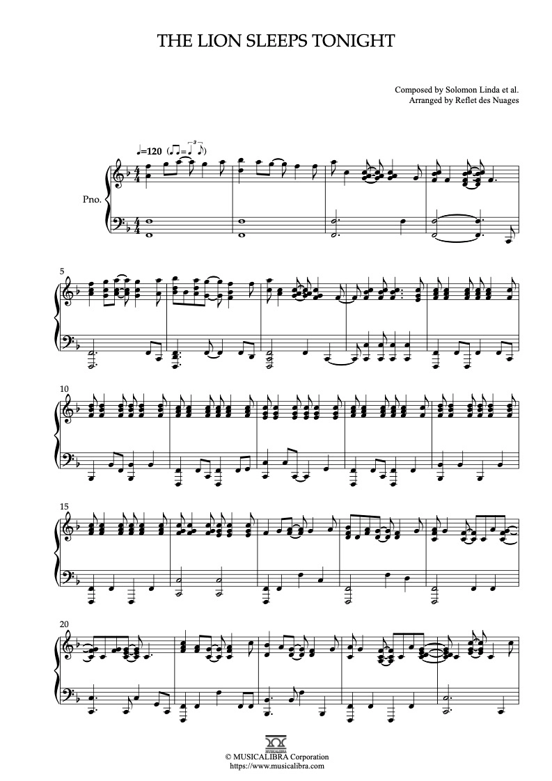 PIANO SOLO 楽譜] The Lion Sleeps Tonight ピアノ 編曲 楽譜