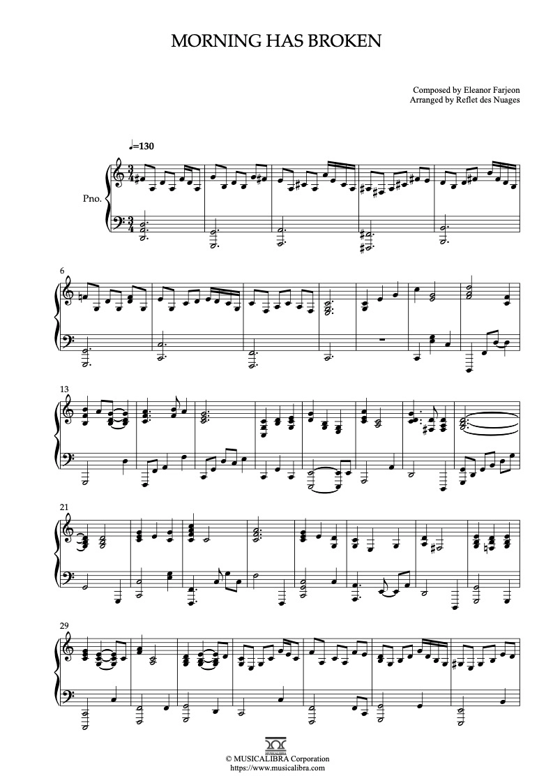 PIANO SOLO 楽譜] Morning Has Broken ピアノ 編曲 楽譜 : MUSICALIBRA