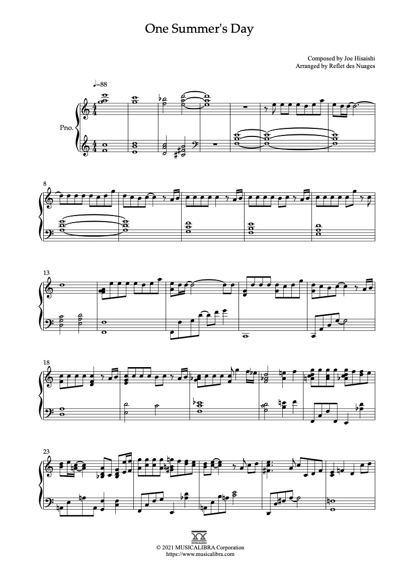 PIANO SOLO 楽譜] あの夏へ(One Summer's Day) ピアノ 編曲 楽譜