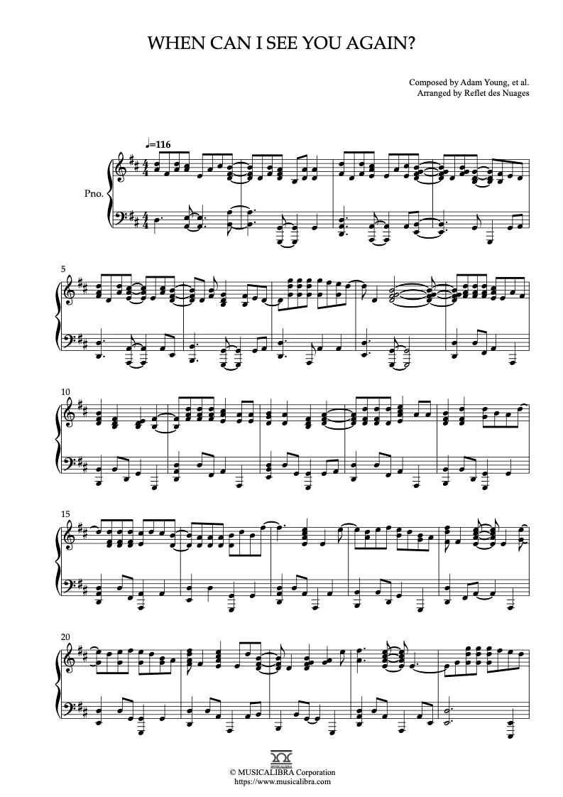 PIANO SOLO 楽譜] When Can I See You Again? ピアノ 編曲 楽譜