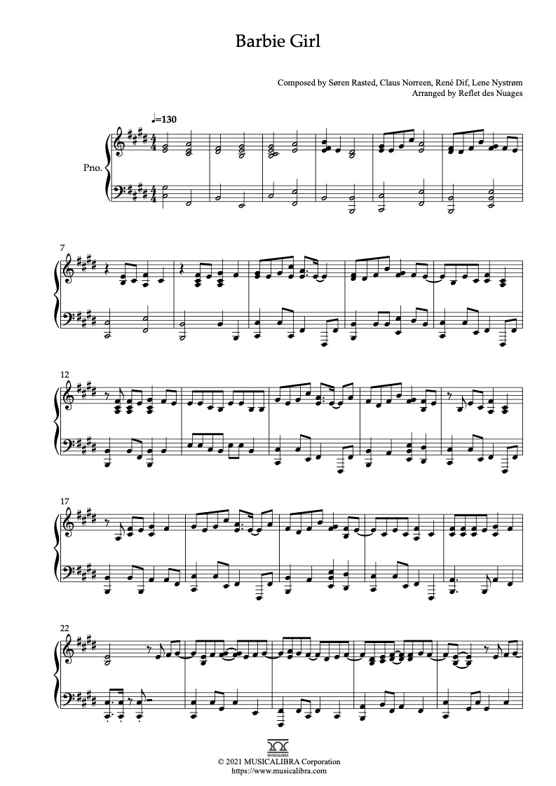 PIANO SOLO SHEET MUSIC Barbie Girl Musicalibra