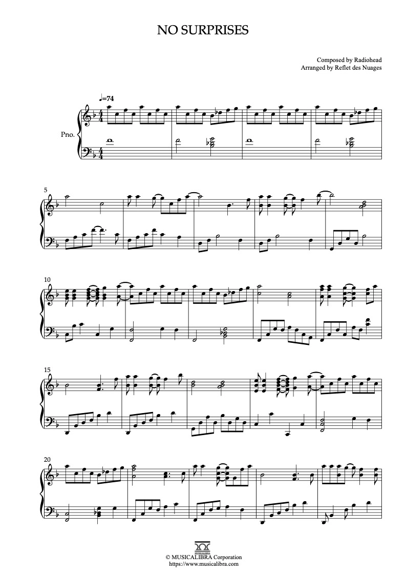 PIANO SOLO 楽譜] No Surprises ピアノ 編曲 楽譜 : MUSICALIBRA JAPAN