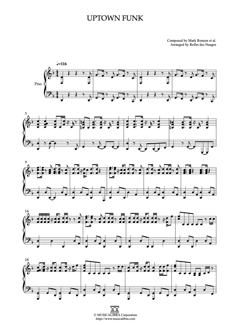 PIANO SOLO 楽譜] Uptown Funk ピアノ 編曲 楽譜 : Musicalibra