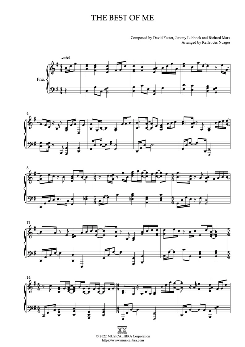 PIANO SOLO SHEET MUSIC] The Best of Me Sheet Music : MUSICALIBRA