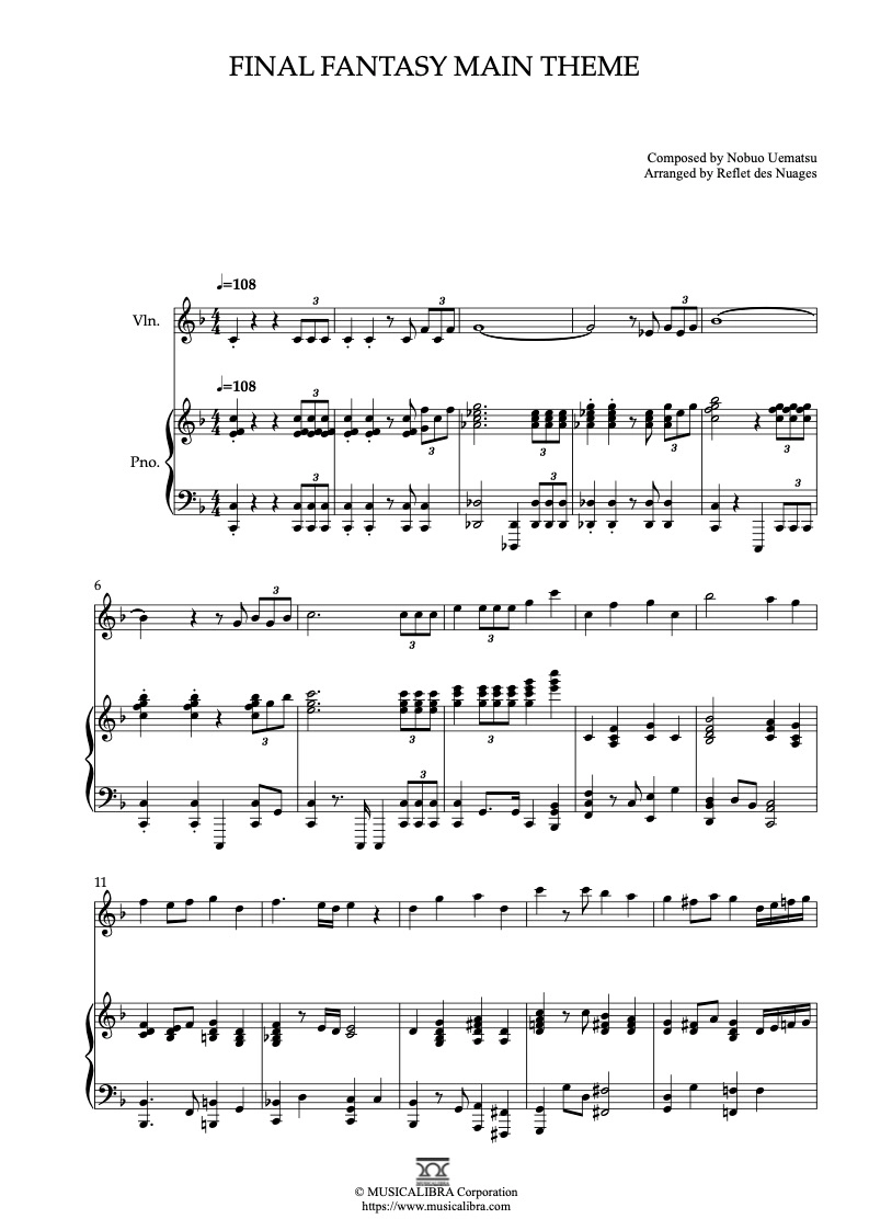 DUET SHEET MUSIC] Final Fantasy Main Theme - Violin and Piano