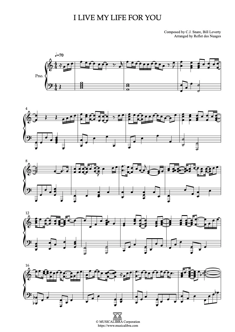 PIANO SOLO 楽譜] I Live My Life for You ピアノ 編曲 楽譜