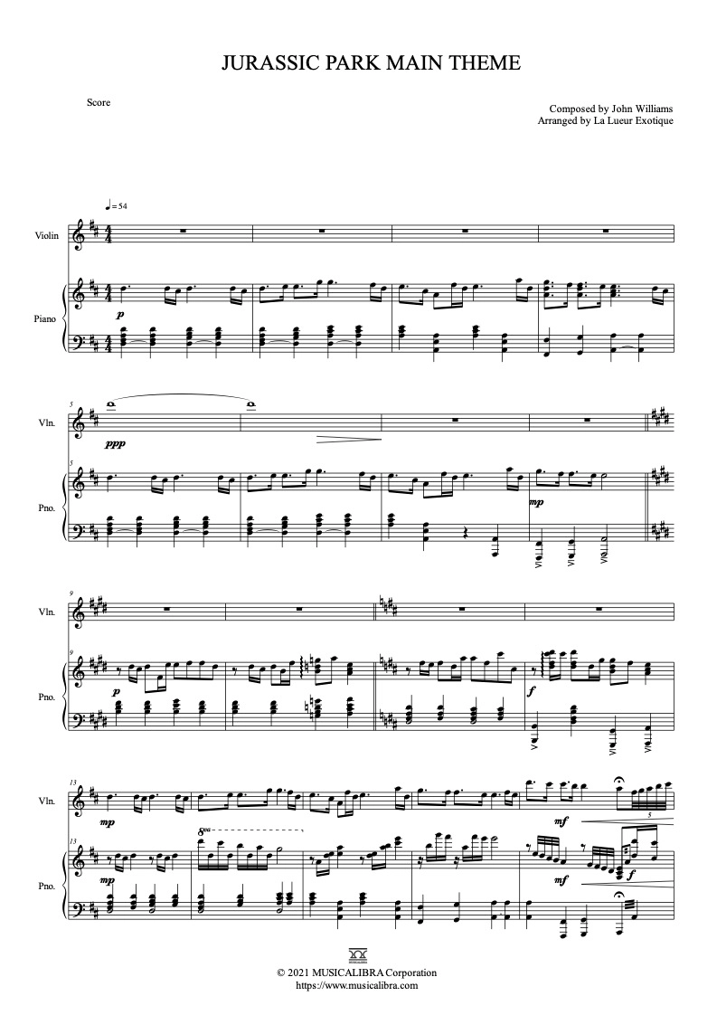 DUET 楽譜] Jurassic Park Main Theme - ヴァイオリン、ピアノ
