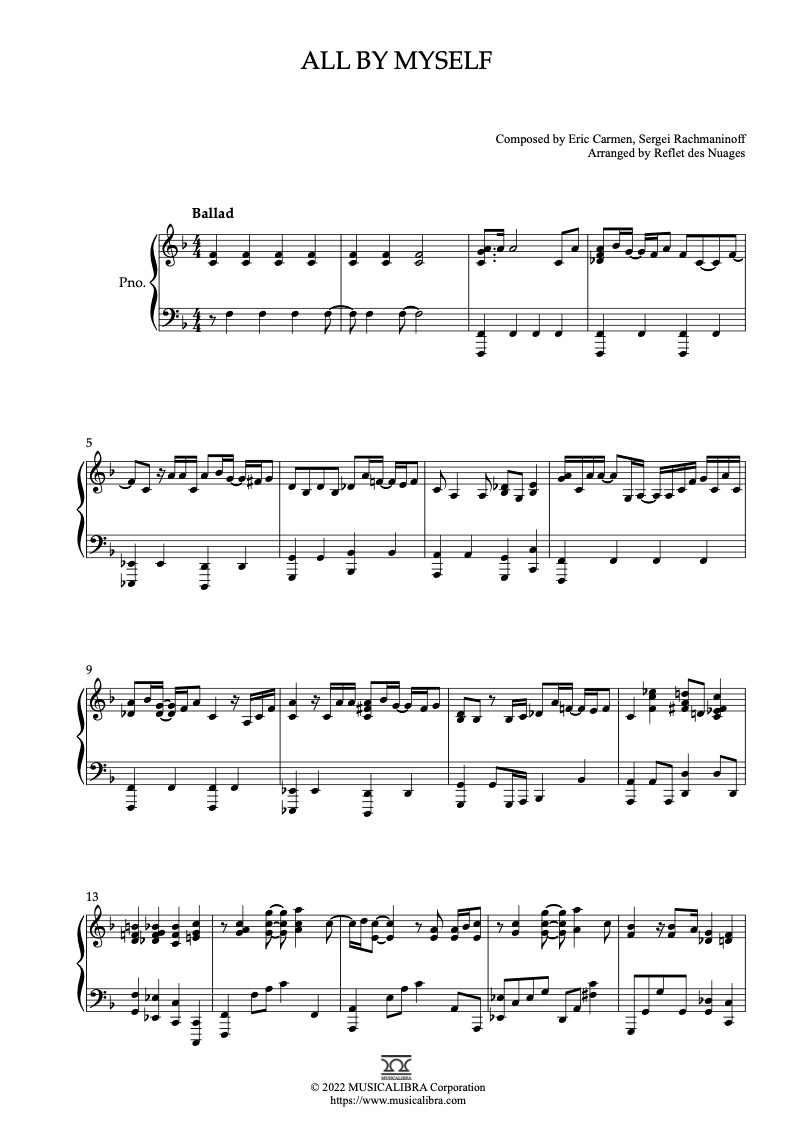 PIANO SOLO SHEET MUSIC All by Myself Sheet Music Musicalibra