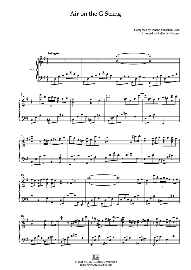 [PIANO SOLO 楽譜] Air on the G String ピアノ 編曲 楽譜