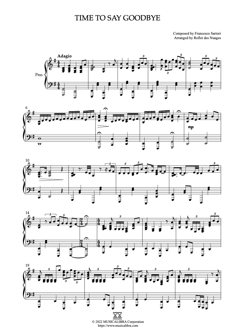 PIANO SOLO SHEET MUSIC] Time to Say Goodbye Sheet Music : MUSICALIBRA
