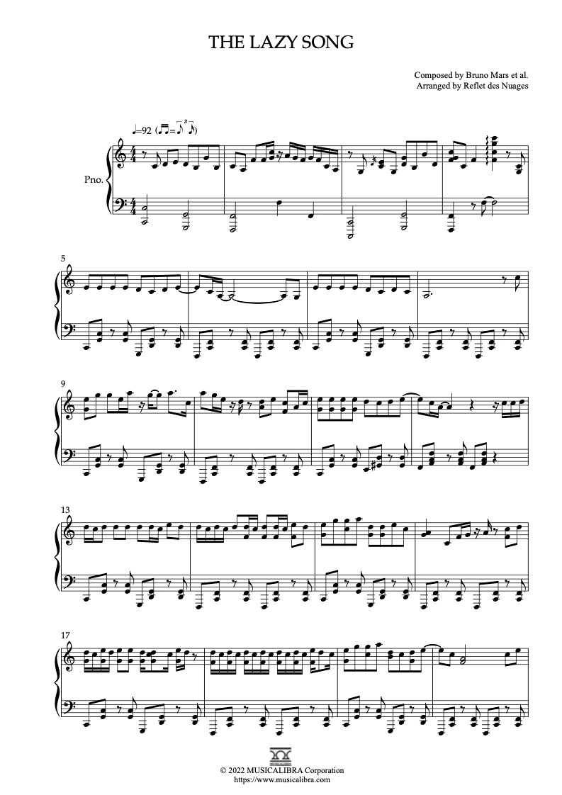 PIANO SOLO 楽譜] The Lazy Song ピアノ 編曲 楽譜
